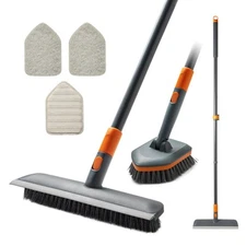 Floor Scrub Brush with 4 Heads and 56" Extendable Handle for Kitchen & Bathroom
