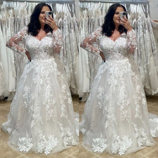 Long Sleeves Wedding Dresses V Neck Lace White Ivory Plus Size Bridal Gowns