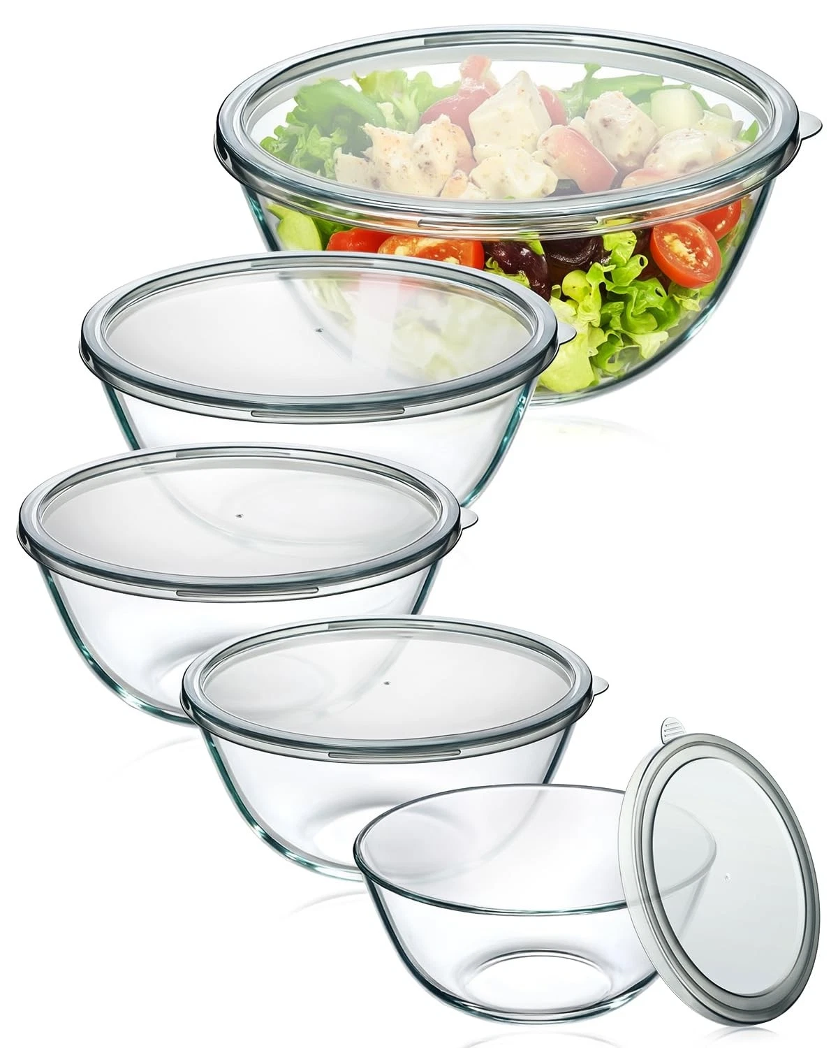 Glass Mixing Bowls with Lids Set of 54.78QT,2.2QT,1.7QT,1.1QT,0.85QT,Thick Gl...