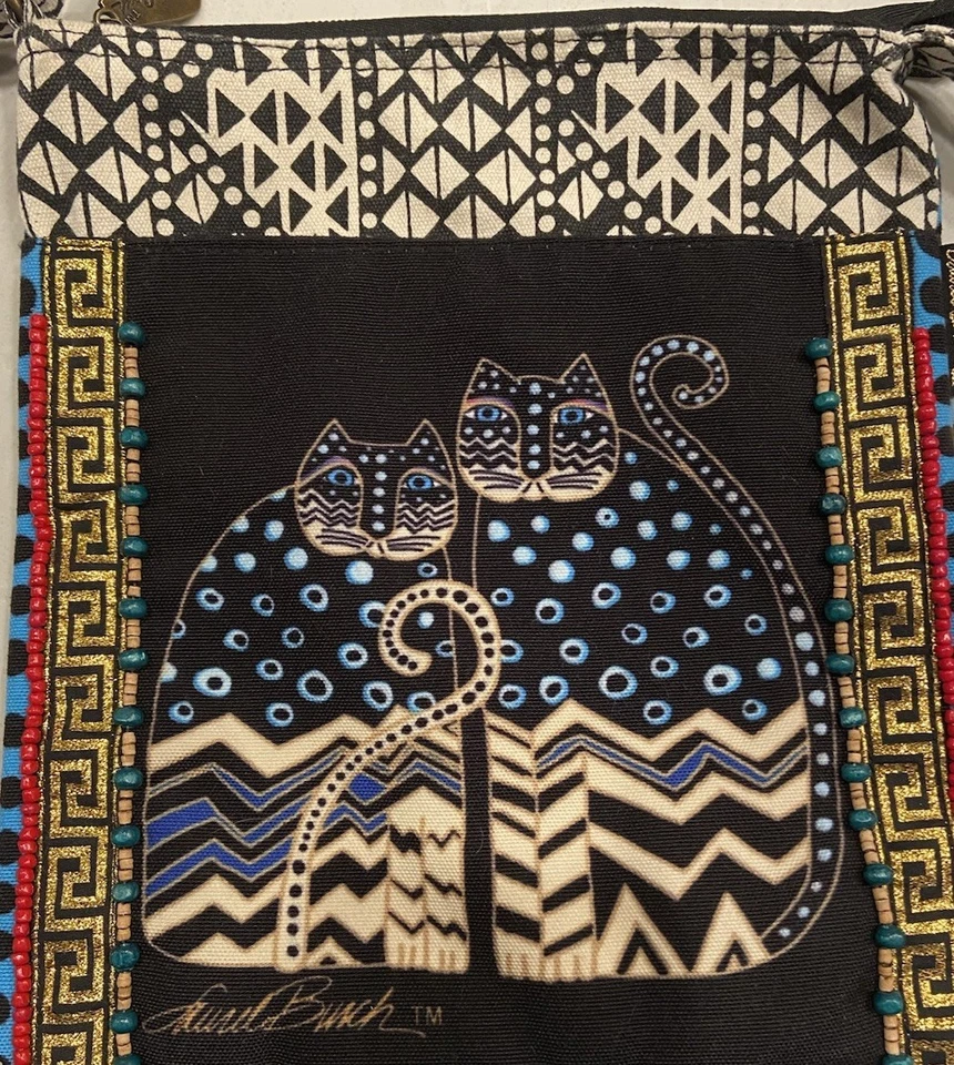 Laurel Burch Cats Kitty Crossbody Bag 9.5x10.5 Inches Beaded Geometric Colorful - Image 2 of 4