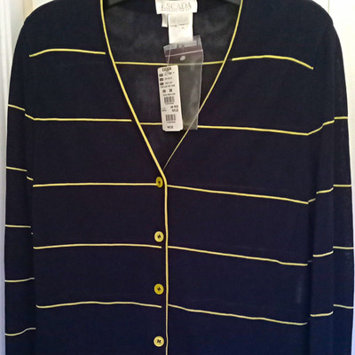 Vintage Escada Margaretha Ley Black/Yellow Striped V-Neck  Button Cardigan EU 38
