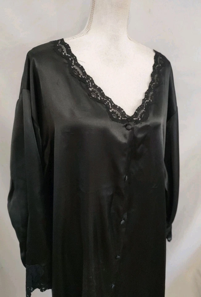 Abrigo Mujer Dentro Camisón Casa Negro Satinado Brillo con Encaje Borde Botón Frontal 5X Foto 2 de 4