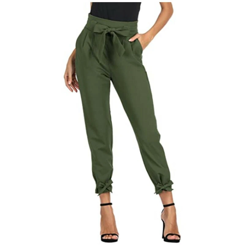 Fashion Womens Bow Knot Slim Feet Trousers Casual Loose High Waist Pencil Pants