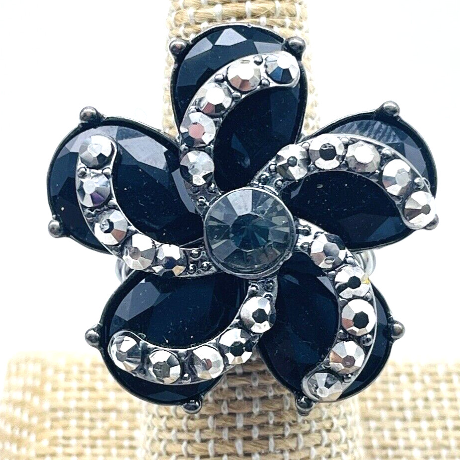 Black Rhinestone Flower Ring Statement Silver Ton… - image 1