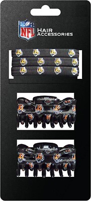 5pc NFL Cincinnati Bengals 2 Hair Bun Clips 3 Ponytail Elastic Tie Rubber Bands