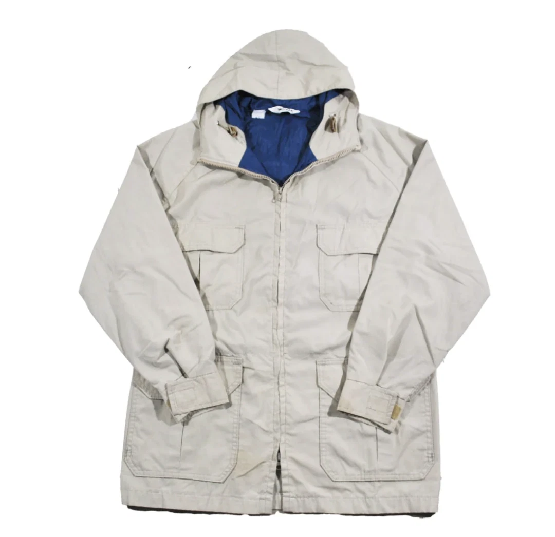 Vintage Woolrich 90s Outdoors Zip Button Tan Blue Hood Rain Jacket Size Small