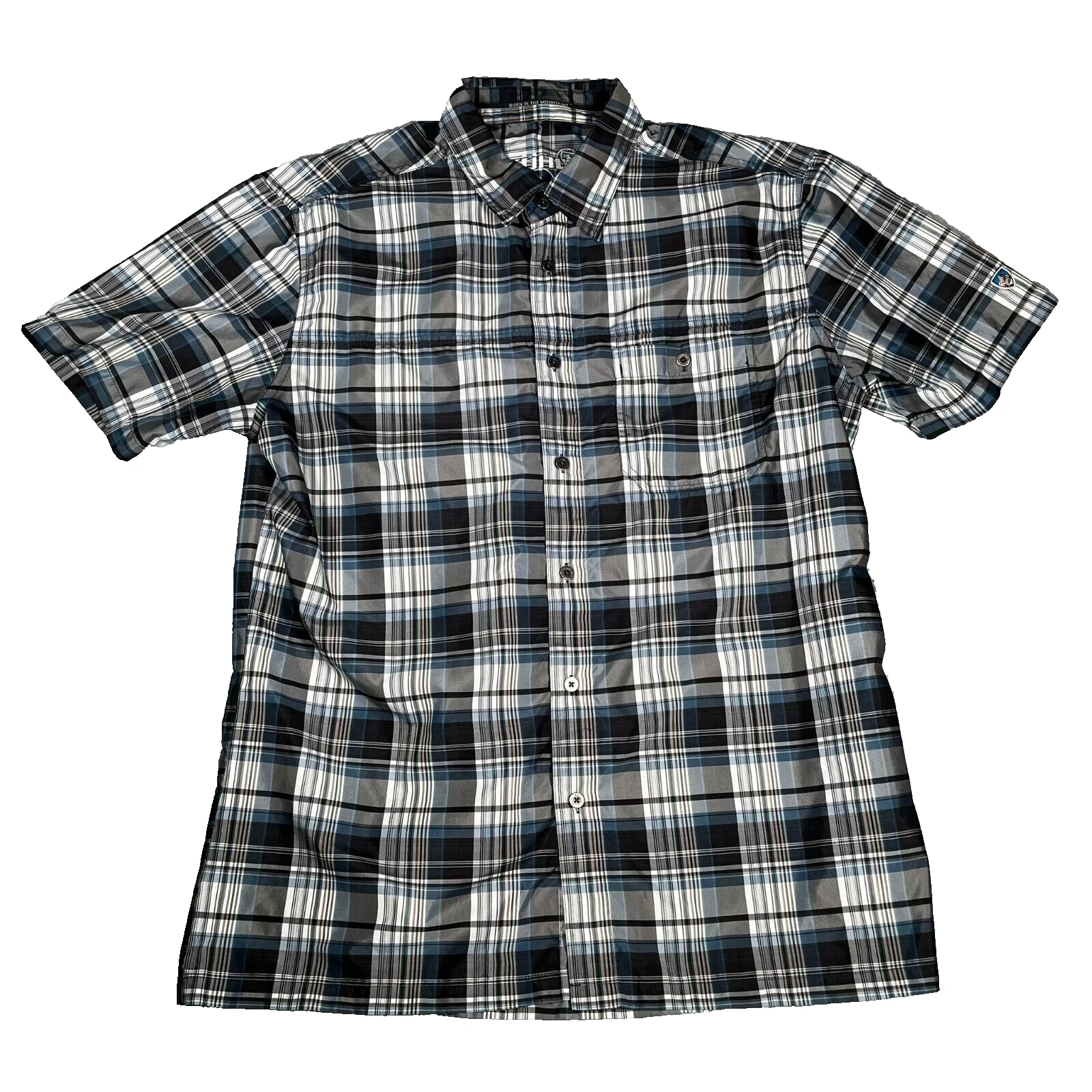Kuhl Short Sleeve Button Shirt Mens Large Plaid Gray Hiking Outdoors