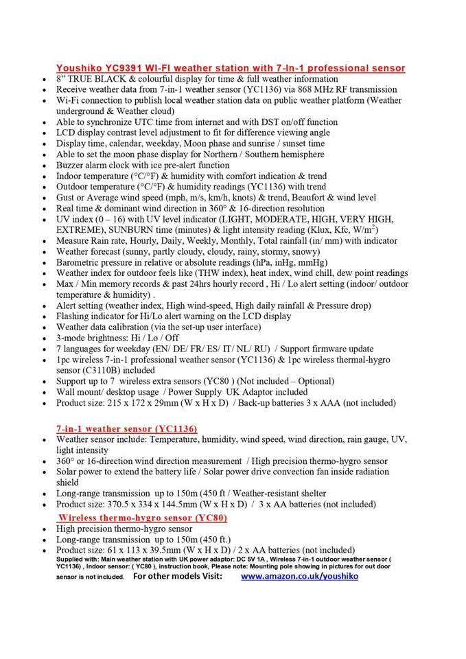 Weather Station  WIFI Internet Wunderground Professional 7-in-1 Wireless Sensor - Image 2 of 4