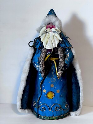 1960s Olde Worlde Tin Santa Tree Topper Holiday Christmas Distressed Metal Fur