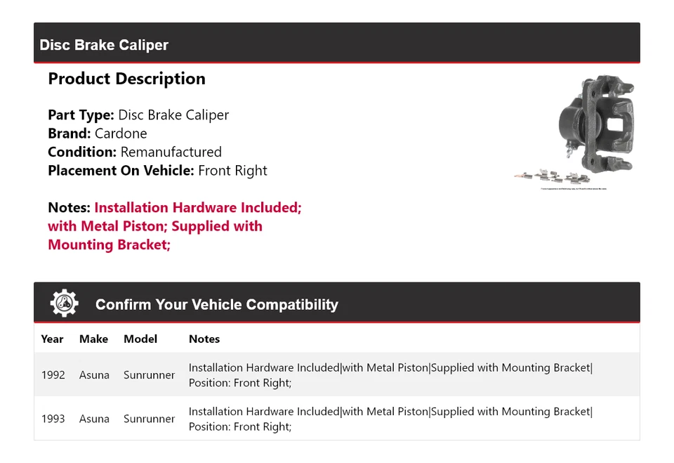 Pinza de freno de disco delantera derecha Cardone para Asuna Sunrunner 1992-1993 Foto 2 de 4