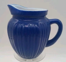 Vtg 1930's Hazel Atlas 4" Ribbed Blue & White Glass Creamer Milk Pitcher