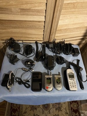 Vintage Lot Of 4 Cell Phones & 12 Adapters Nokia, Verizon & Samsung