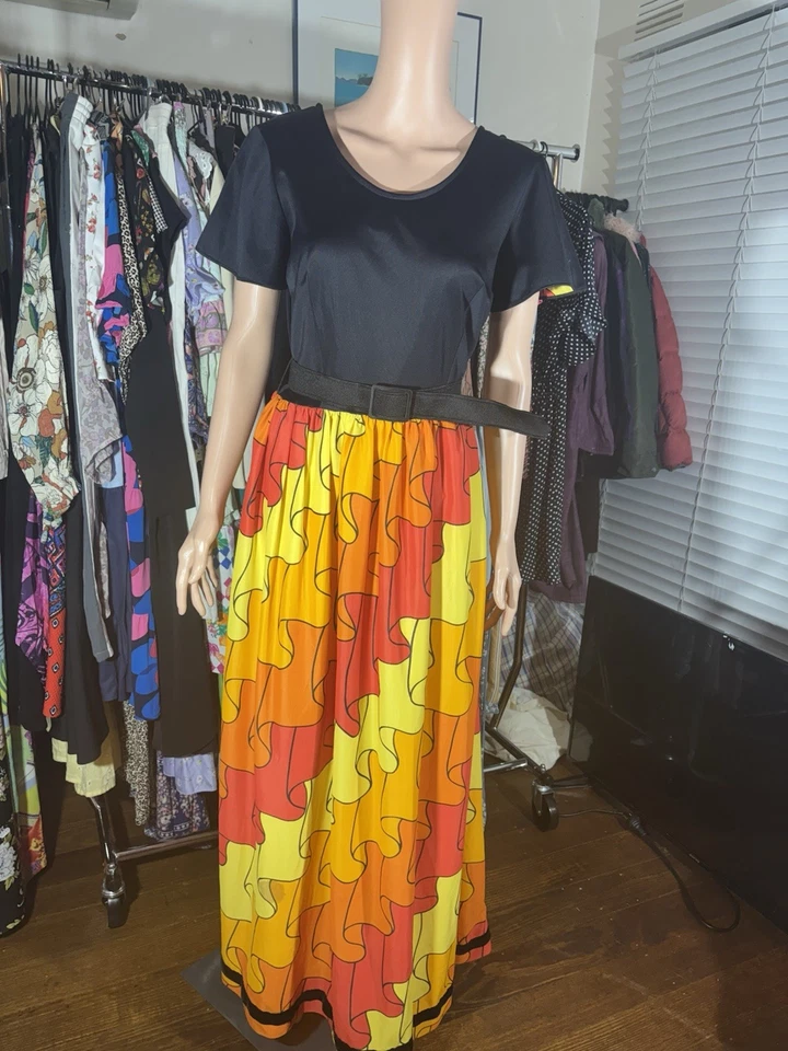 Vintage Maxi Dress 14 Black Orange Puzzle Peace Print Bright 70s? 80s? By OSTI
