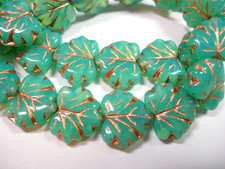 10 beads - Turquoise Opal Czech Glass Maple Leaf Beads 11x12mm