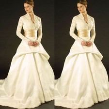 Victorian Vintage Satin Wedding Dresses Long Sleeve Lace Appliques Bridal Gowns