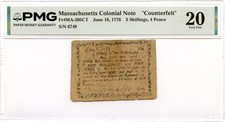 Massachusetts Colonial Note Fr#MA-205CT June 18, 1776 PMG VF-20 *Finest Known*
