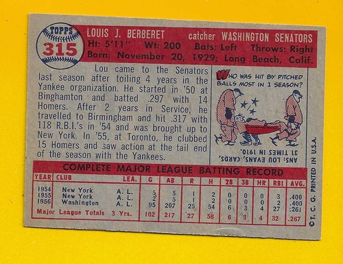 681356 1957 Topps #315 Lou Berberet SENATORS EX/MT++ - Bild 2 von 2
