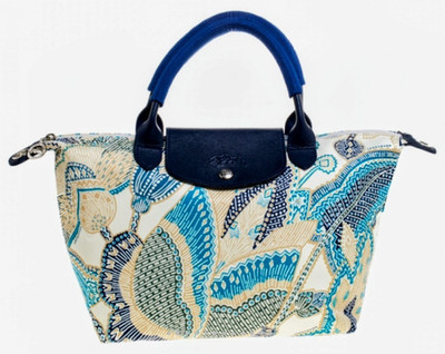 Longchamp Damen Handtasche Textil/Leder Beige/Blau Paisley Reißverschluss