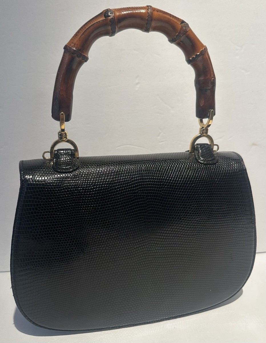 GUCCI Black LIZARD SKIN Leather BAMBOO 1947 Handle Shoulder Bag