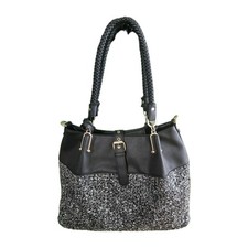 NWT WILSONS Black Rivet Leather Herringbone Fabric Purse Carry All Tote 3 in 1