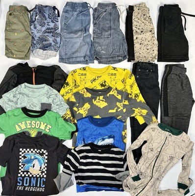 Boys 5-6 Clothing Lot 17 Pc Outfits Bundle Shorts Shirts Pullovers Graphic Tees