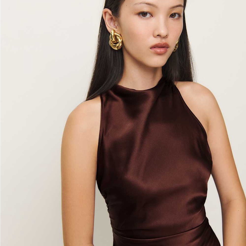 Reformation Casette Silk Dress, Mahogany Brand New image 4