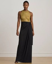 Lauren Ralph Lauren Beaded Mesh Jersey Tie-Front Gown Women's 2 Birch Tan/Black