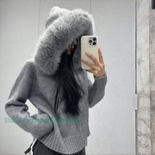 New Women's Hooded Short Knitted Cardigan Short Fox Fur Collar Jacket Sweaters