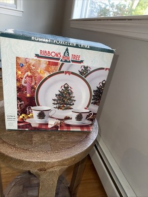 Topco, Vintage Christmas Ribbons Tree 12 Piece Dinner Set, Plate Cup Saucer