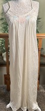 Vintage Gilead Full Length Embroidered Nightgown Ivory Silky Size Medium
