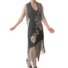 Anna Sui Black Floral Embroidered Fringe Flapper Style Dress vintage