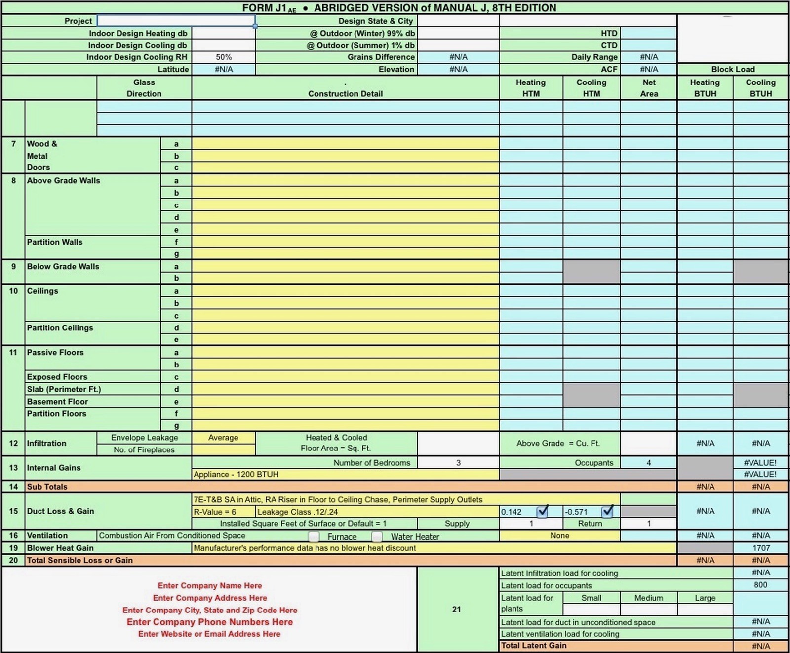 ACCA MJ8ae HVAC RESIDENTIAL LOAD CALCULATION EXCEL SPREADSHEET CD ROM