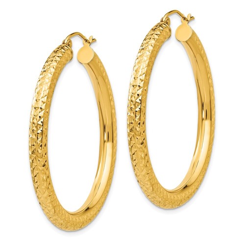 Real 14kt Yellow Gold Diamond-cut 4mm Round Hoop Earrings - Picture 2 of 5