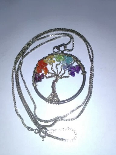 Tree of Life Pendant w/ Gemstone & Chain .925 Sterling Silver Necklace Rainbow  - Image 2 of 4