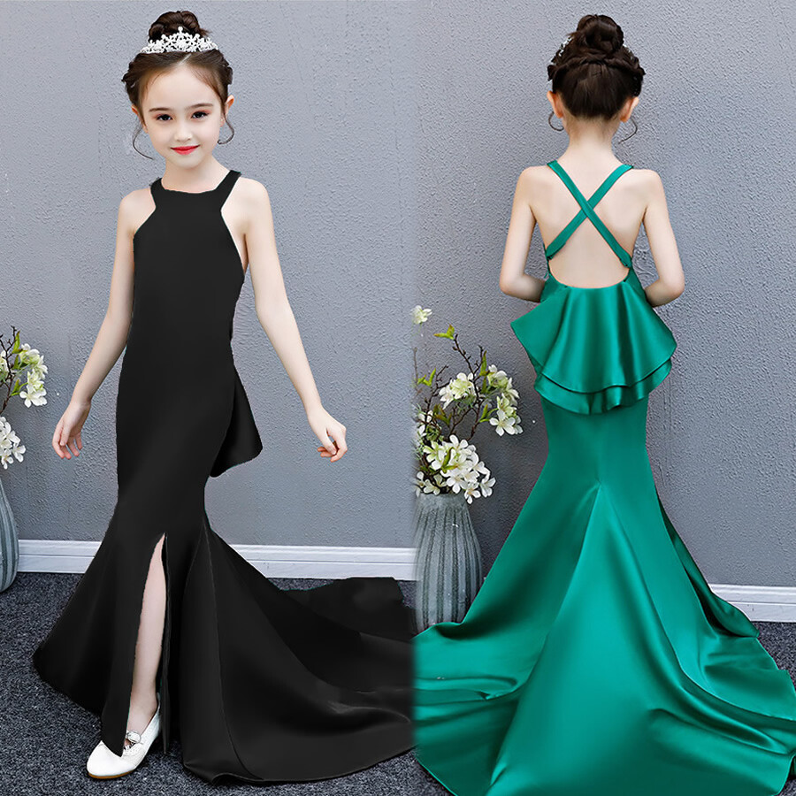 Cris Cross Halter Sweep Train Princess Fitted Satin Dress Pageant Party Gown