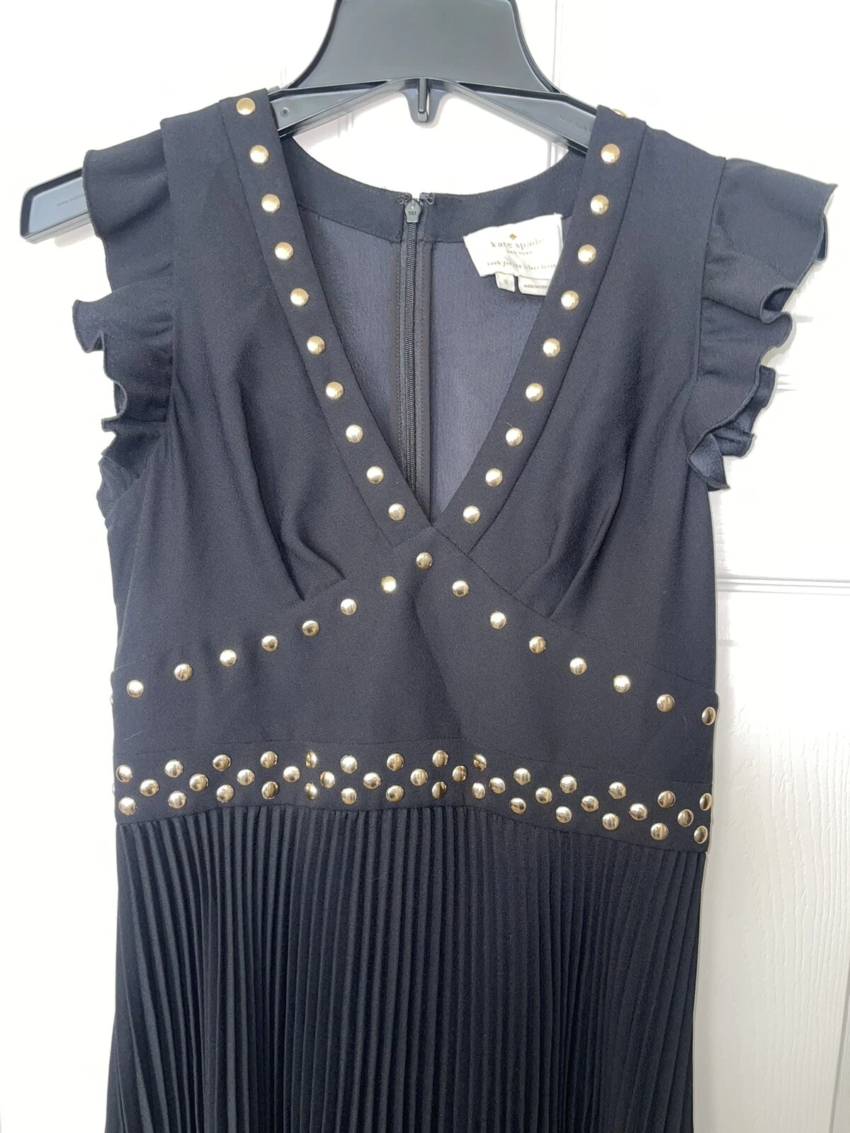 Abito nero Kate Spade borchie crepe taglia 6 VENDITA AL DETTAGLIO $248