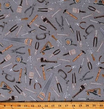 Cotton Man Cave Tools Equipment Builder Charcoal Fabric Print by Yard D675.49