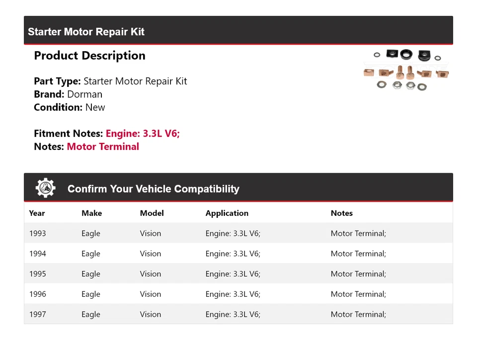 Kit de reparación de motor de arranque Dorman 3,3 L Eagle Vision 1993-1997 1994 1995 Foto 2 de 4
