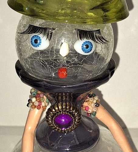 VTG LADY w/HAT & SCOTTIE DOG FOUND OBJECT ART GLASS & JEWELS ASSEMBLAGE WOMAN