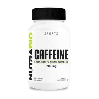 NutraBio Caffeine 200mg 250caps - 100% Pure - Boost Energy & Mental Alertness
