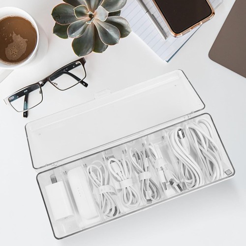 Plastic Cable Management Box, Desktop Compact Electronics Organizer with Lid - Picture 5 of 6