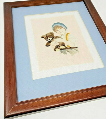 Boy w/ Teddy Bear Completed Needlepoint Embroidery Blue Framed Handmade - Picture 4 of 10