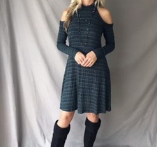 Women's Cold Shoulder Mock Neck Relaxed Fit Knit Long Sleeve Dress Large Green