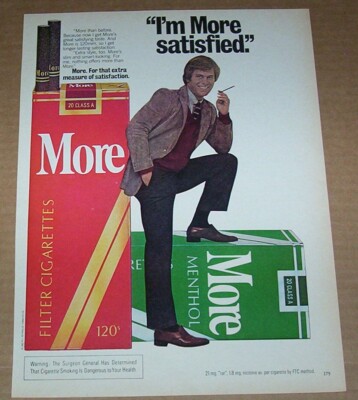 1980 print ad - More Cigarettes satisfied man smoking Vintage Advertising  page
