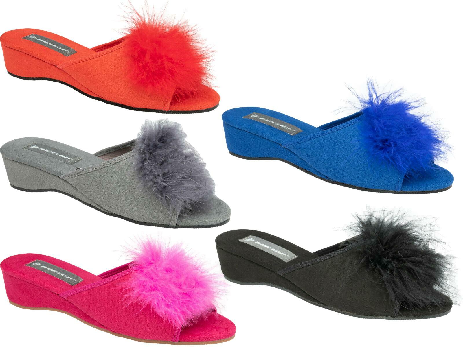 Ladies Womens Wedge Slippers Dunlop Feather Pom Pom Faux Suede Mules Heel  Shoes | eBay