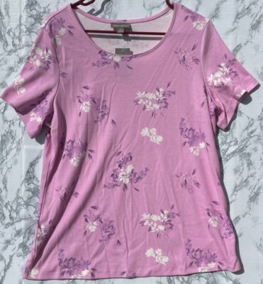 Style & Co Womens Floral Print Short Sleeve Tee 1X Millie Pink Made In Indonesia