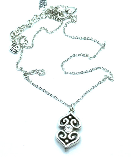 Brighton Alcazar Double Heart Pendant Crystals Toledo Silver Necklace 18"