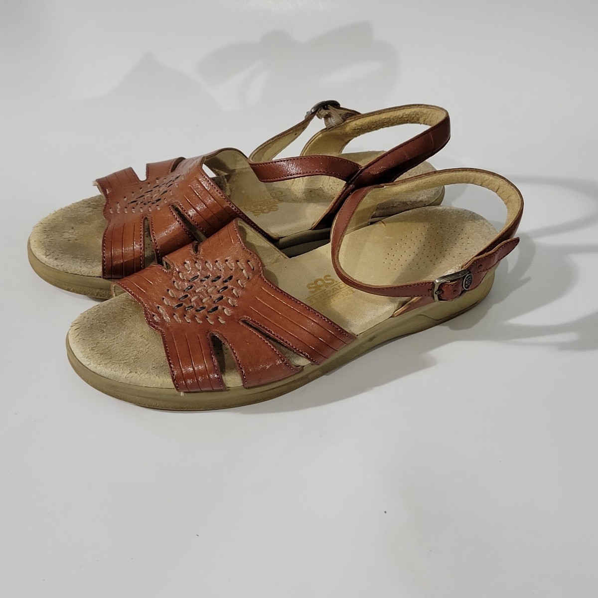 SAS Sandals Womens N Huarache Brown Leather Ankle Strap Flat
