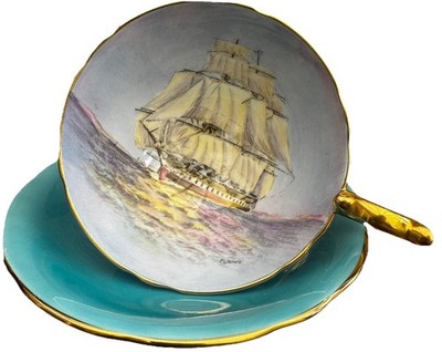 Aynsley türkis blau Clipper Schiff Teetasse und Untertasse signiert von D Jones