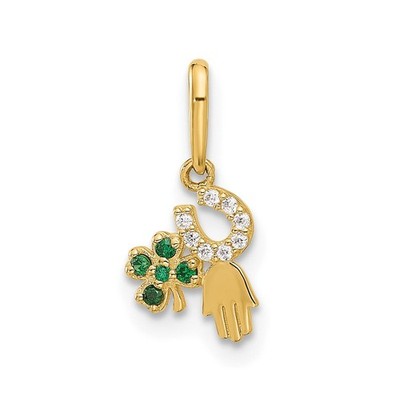 10K Yellow Gold Polished Clover Horseshoe Hamsa CZ Luck Pendant
